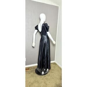 Vintage 1930's Black Liquid Satin Gown Glamour Puff Sleeve Quilted Embroidery